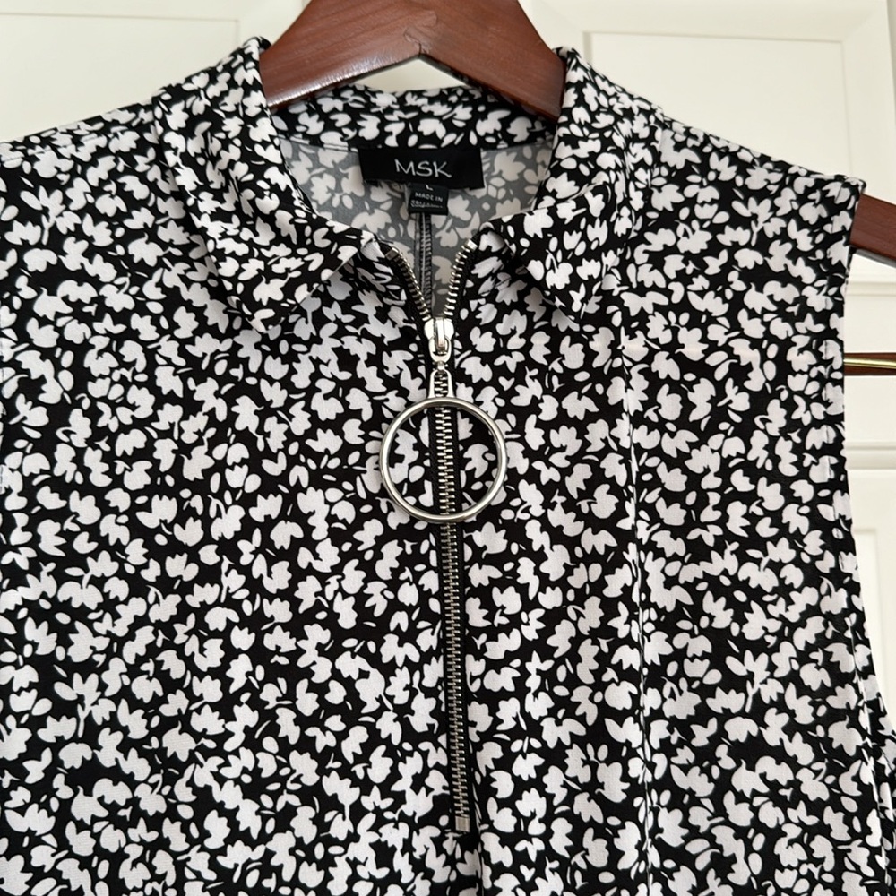 MSK Dress Size L Black White Sleeveless Front Zipper NWOT